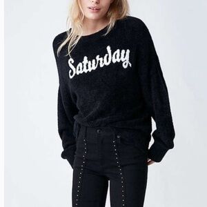 EXPRESS Black Fuzzy Saturday Script Graphic Teddy Sweater